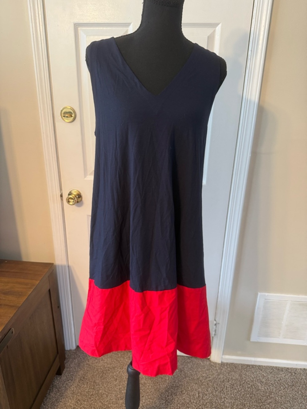 LOFT Navy and Red Sleeveless V-Neck Colorblock Dress